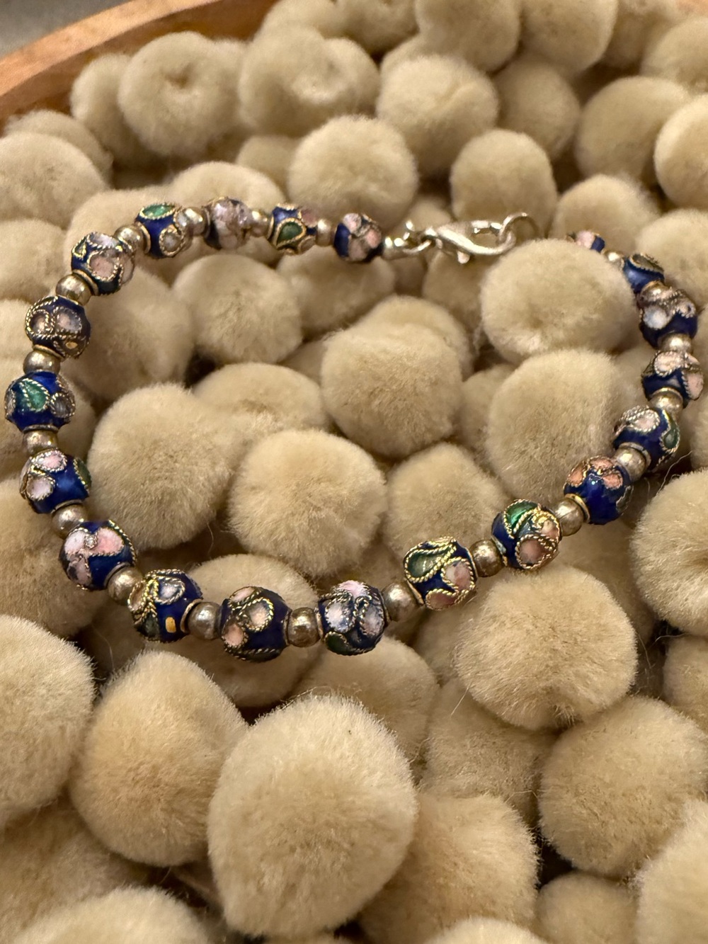 Vintage Chinese Floral Cloisonné Bead Bracelet 925 Silver